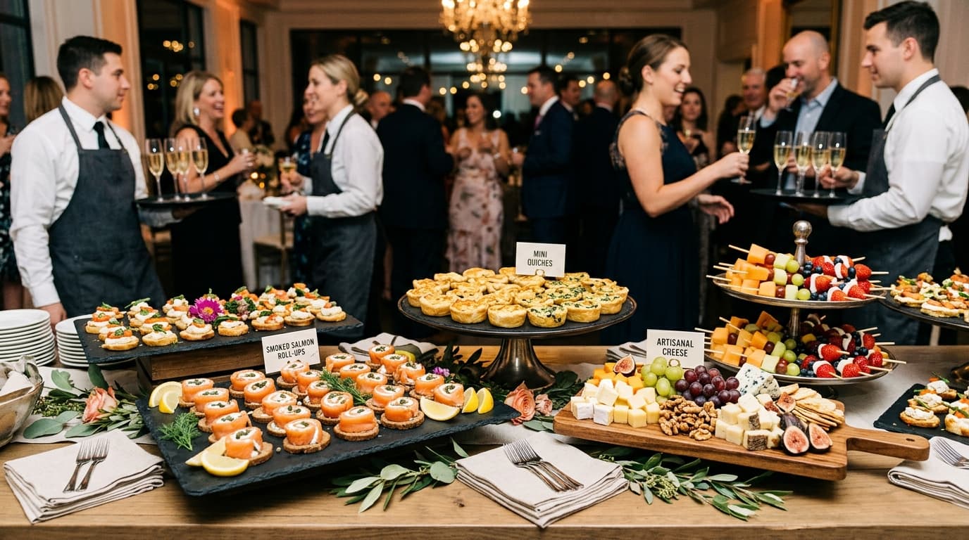 Professional catering buffet with canapés, platters and champagne